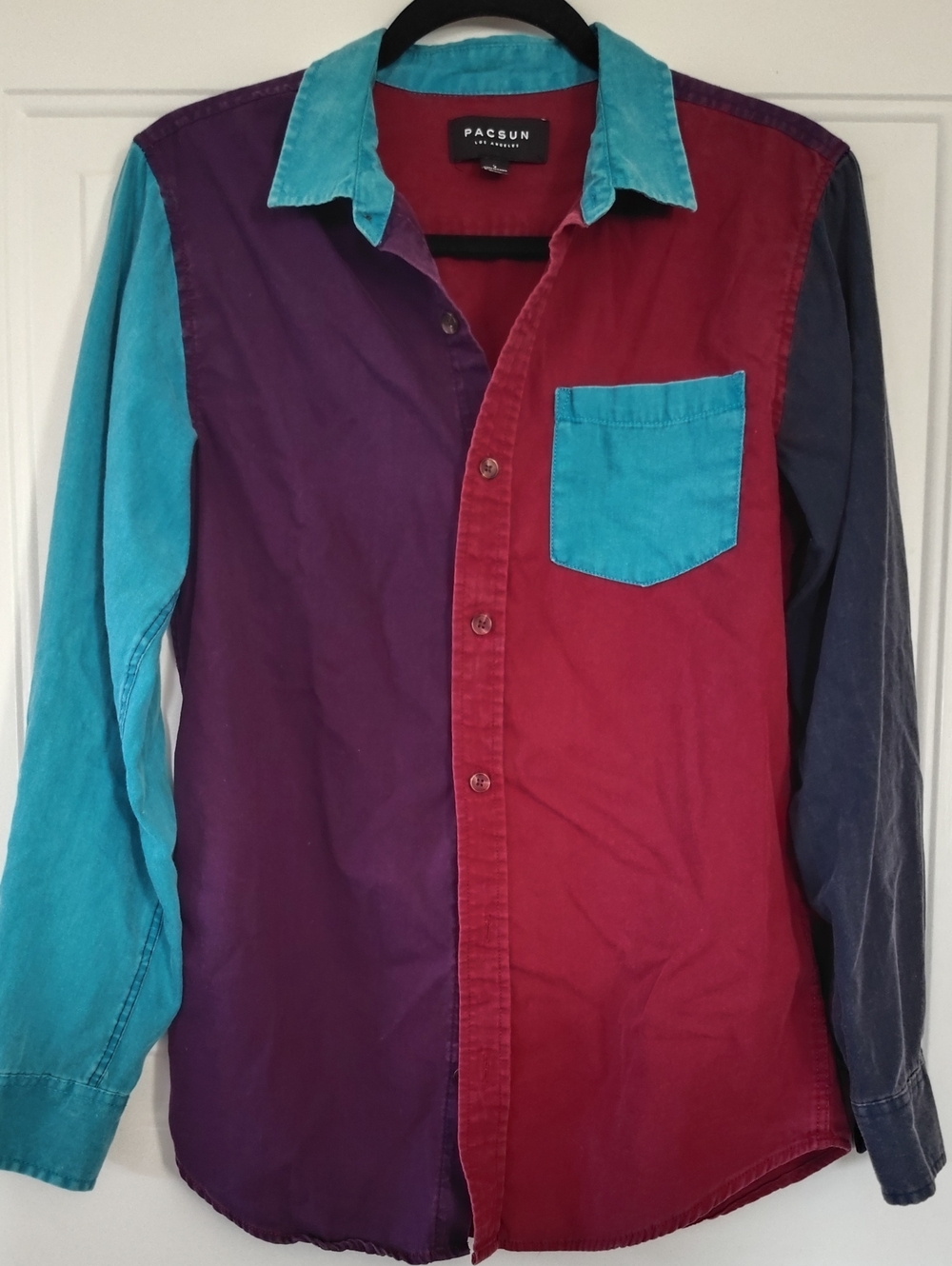 PacSun Colorblock Button-Down Shirt in Teal, Burgundy, Purple Men's S